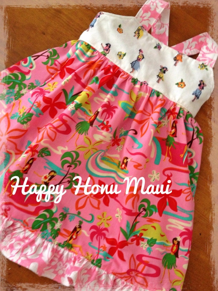 Hawaiian Girls Sundress Happy Honu Damask and  Hula Girl sizes 2T to 6 Made in Hawaii