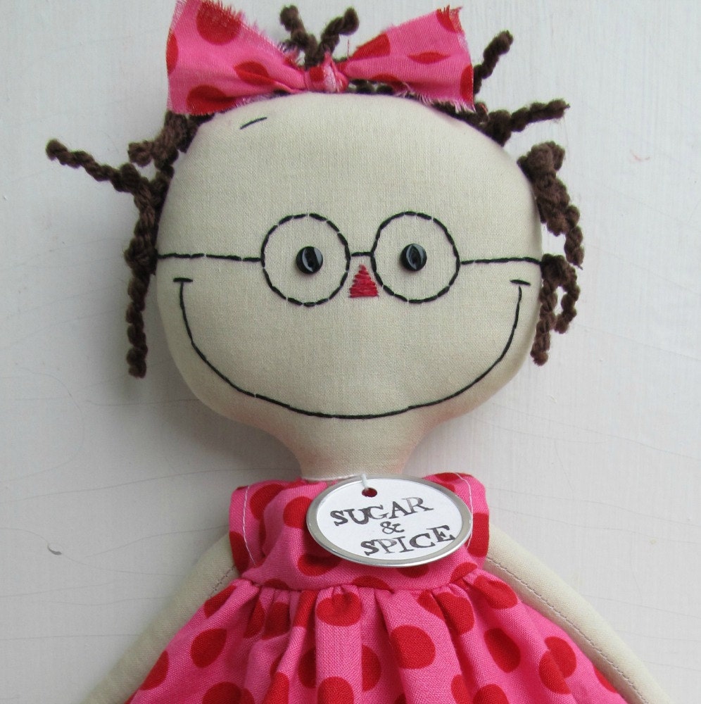 handmade raggedy cloth rag doll with Glasses pink polka dots