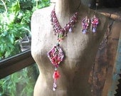 Necklace & Earrings Set, Vintage Embroidery, Beaded, Agate, Pink, Lilac, Choker and Long, Boho