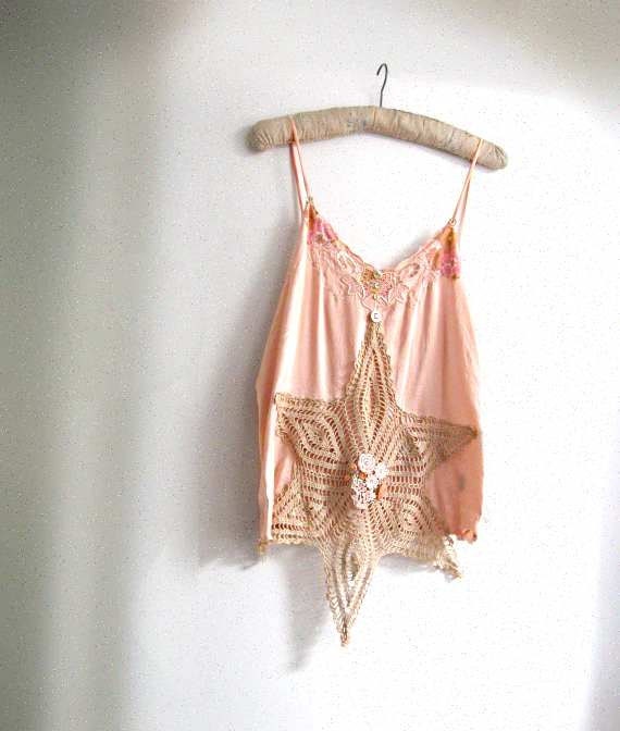 SALE - Pink Silk Doily Top, Vintage Crochet Lace, Star, Antique Mother of Pearl, Peach, Soft,Tank, Rustic, Boho, Upcycled