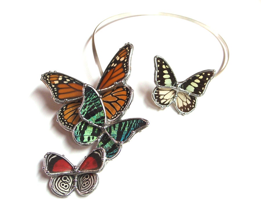Butterflies Alight  Torque Necklace - Real Butterflies, Monarch, Sunset Moth, 88 - OOAK