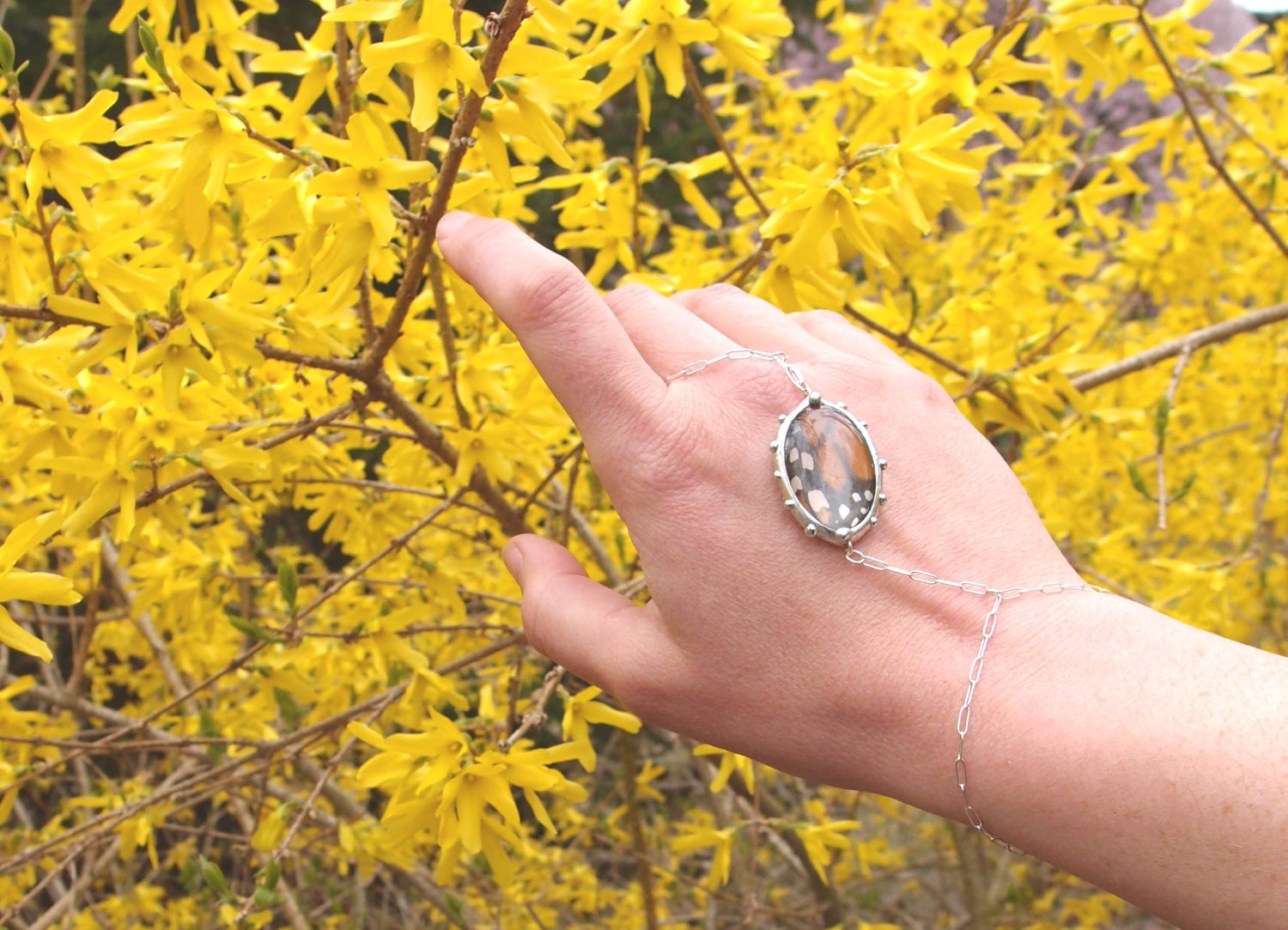 Bracelet and Ring Chain with real Monarch Butterfly Charm - Nature Art