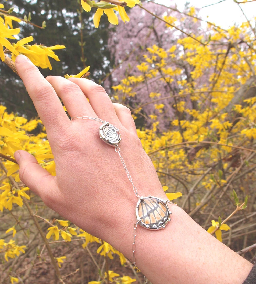 Bohemian Bracelet and Ring Chain with real Viceroy and 88 Butterfly Charms - Nature Art