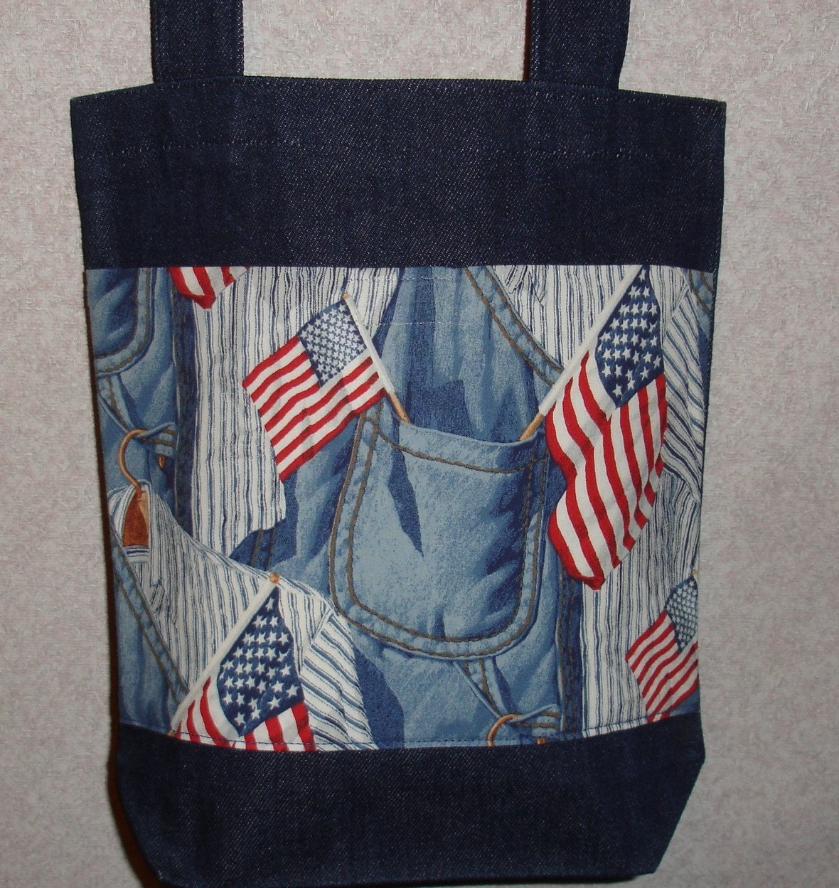 New Handmade Small USA Shirt Flags Patriotic Denim Tote Bag Purse