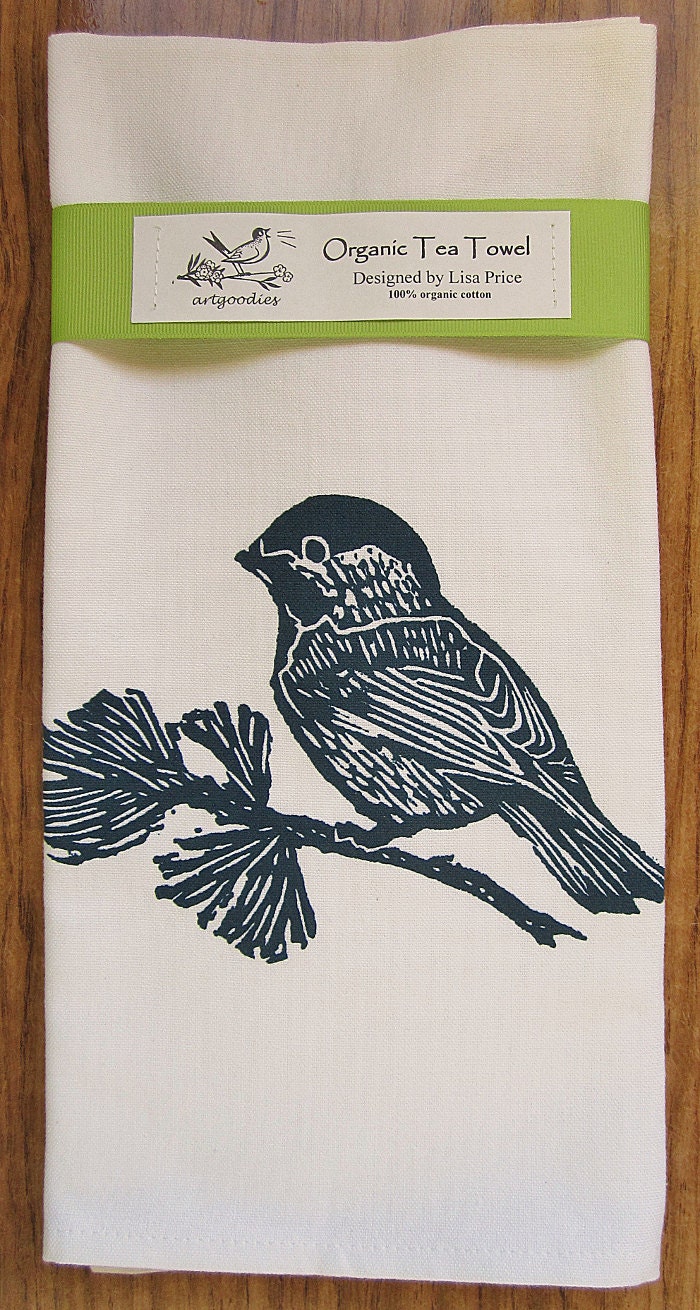 ORGANIC tea towel chickadee block print