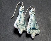 Porcelain Dangle Earrings Scroll Drops In Peacock With Sterling Silver Earwires 423