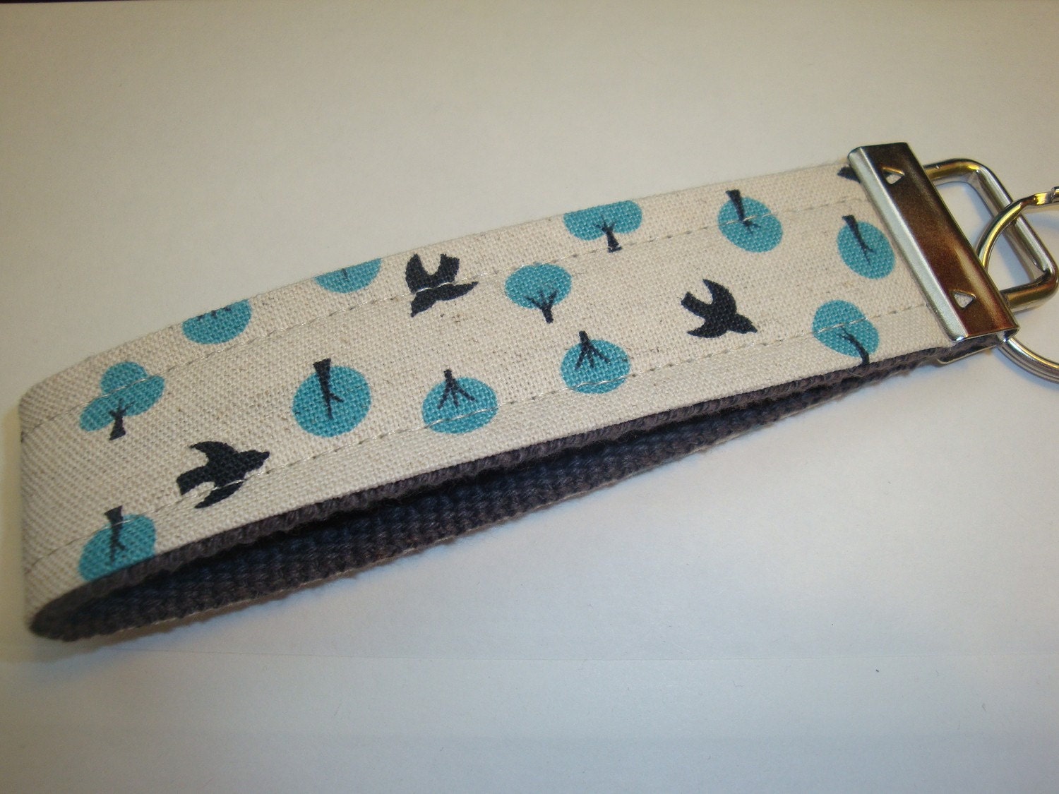 Blue Tree and Swallow Wristlet Keychain