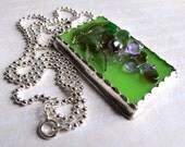 Green Purple Dimensional Glass Grapes Vineyard Glass Rectangle Cabochon Sterling Silver Necklace