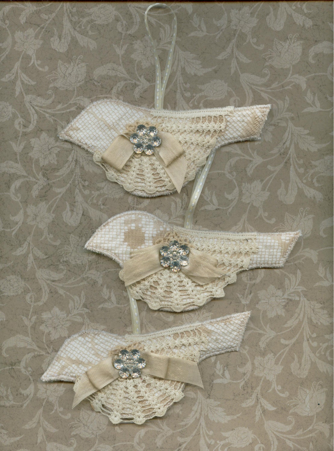Christmas ornaments vintage lace and rhinestone birds set of three shabby chic cottage style