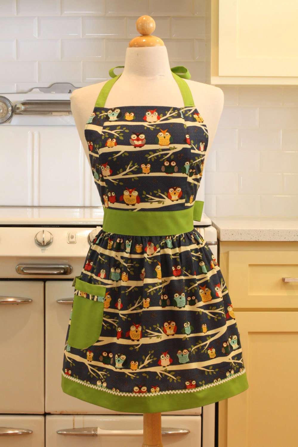 Apron Retro Style Navy Owls with Green CHLOE Full Apron Vintage Inspired