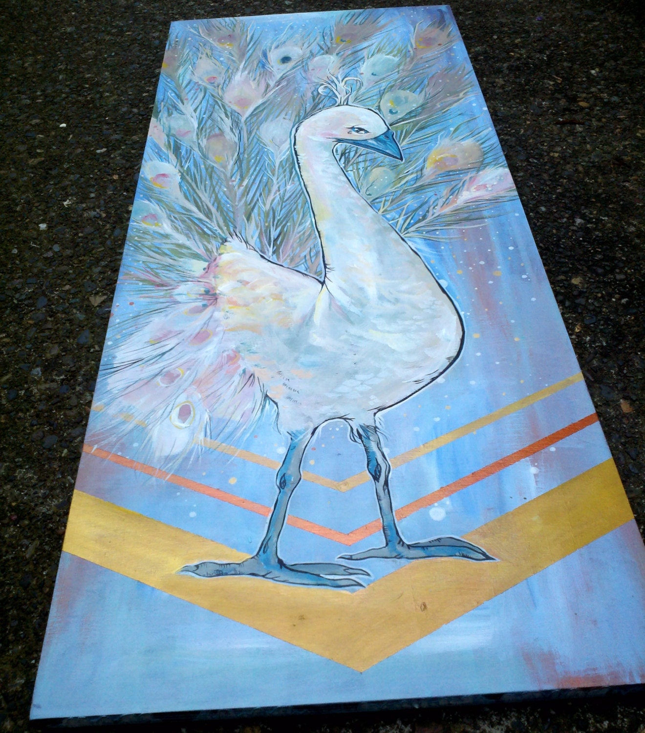 Zaal the Albino Peacock - acrylic romantic bird painting on wood