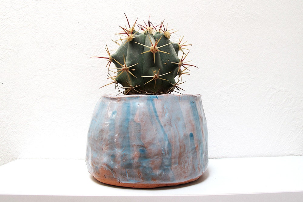terracotta pinch pot planter - blue drippy glaze - perfect for cuttings, succulent or cactus