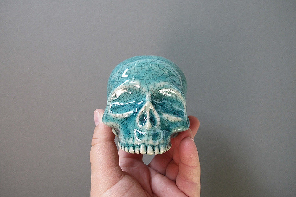 Human Skull ceramic halloween decoration - stunning peking blue crackle glaze