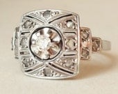 French Art Deco Diamond Engagement Ring, Antique 18k White Gold Platinum and Diamond Engagement Ring, Approx. Size US 7