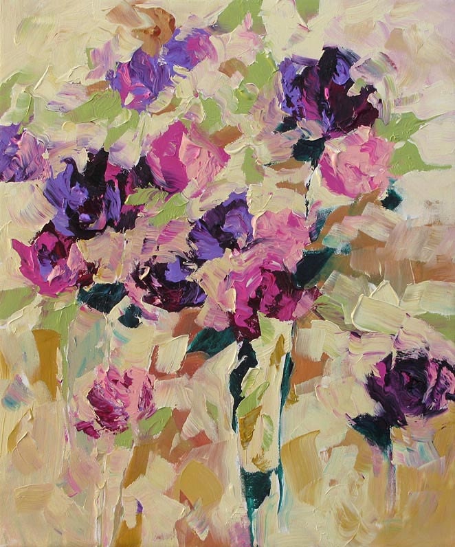 Original Abstract Floral Painting Impressionist Art Purple Roses Flowers Landscape Acrylic Painting on Canvas by Linda Monfort