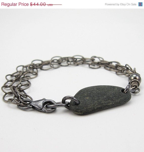 SALE Rustic Sterling and Stone Bracelet, Blackened Silver Multi Chain, Black Beach Stone