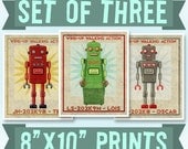 Retro Robot Art Prints - 8 in x 10 in - Set of 3 Robot Prints - Land of Nod Retrobot Series - Robot Wall Art for Kids Room - Sci Fi Art
