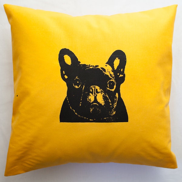 ON SALE - Pug Pillow Cover, original design screenprint, Yellow cotton fabric - fits 12x12 pillow - pet home decor