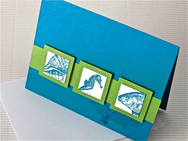 Blank thinking of you card teal green ocean fish masculine handstamped stationery greeting card home and living