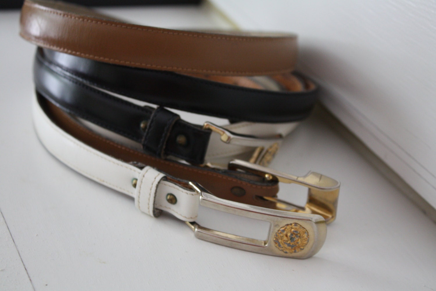 Three Anne Klein for Calderon Belts.  Vintage leather belt.  Brown White Black belts.  Vintage accessories.