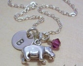 Hippopotamus Charm Necklace - Personalized Hippo Jewelry - Hand Stamped Sterling Silver - Birthstone