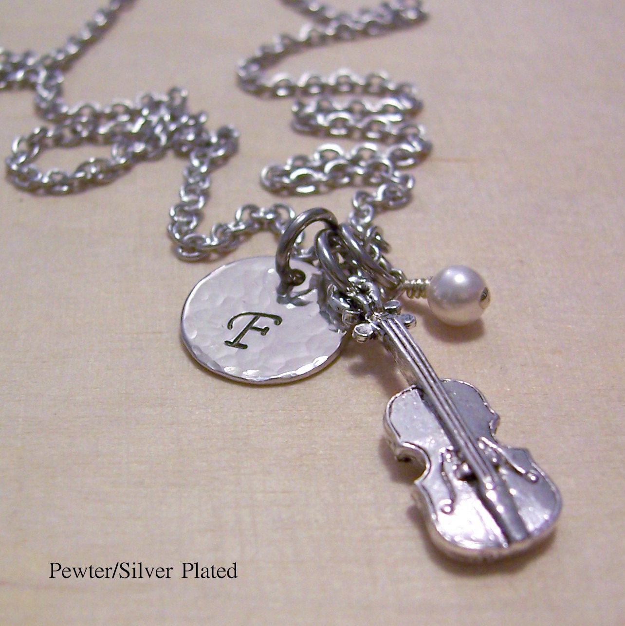 Personalized Violin Charm Necklace - Pewter and Silver Plated - Music Jewelry - Birthstone