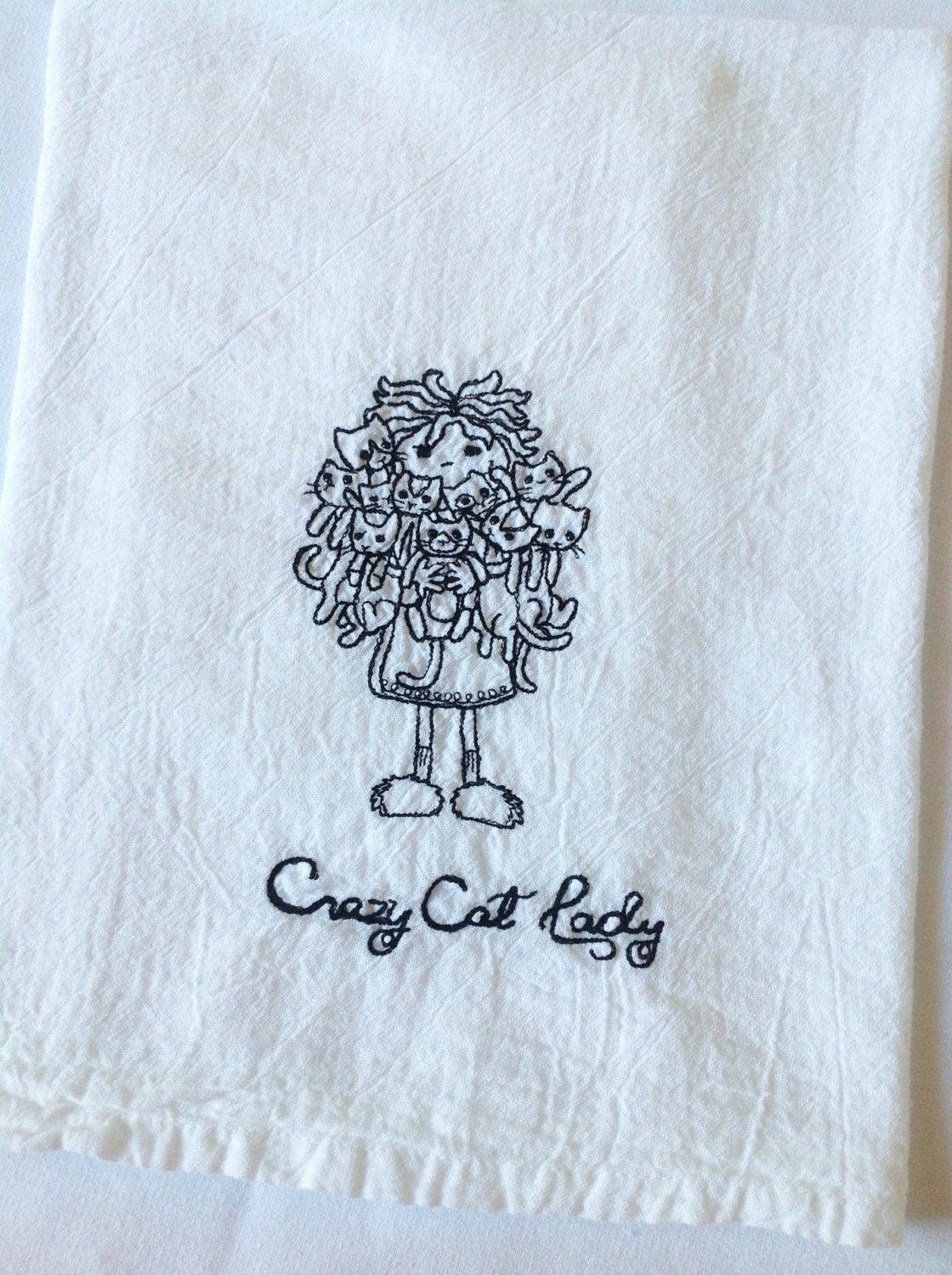 Crazy Cat Lady OR Crazy Dog Lady Embroidered Cotton Dish Towel - your choice OR choose a differnt design - Genuine Flour Sack Towel