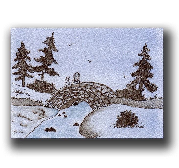 ACEO watercolor PEN and ink original sketch stone bridge river park
