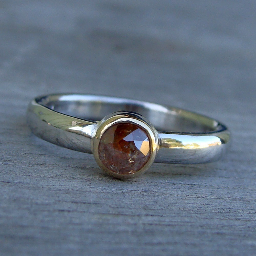 CLEARANCE - Rose Cut Colored Diamond Engagement Ring - Recycled 14k Yellow Gold and Recycled 950 Palladium, size 6.25