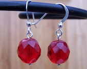Ruby Red Czech Fire Polished Glass Drop Earrings