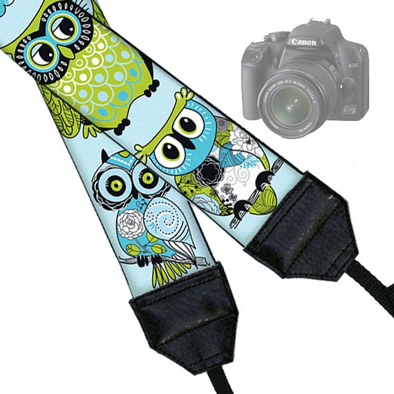 Camera Neck Strap Dslr Camera Strap Slr Padded Camera Strap Nikon Canon  Cute Owl blue green (Matching camera bag available) (RTS)