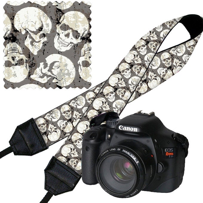 SALE Skulls Camera Strap Dslr Goth Steampunk Slr Digital Camera Padded Strap Nikon Canon etc black white gray (RTS)