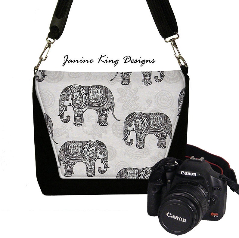 Medium Camera Bag Dslr Camera Case Bag Paisley Elephant Fabric Deluxe Messenger Bag Water Repellent gray black