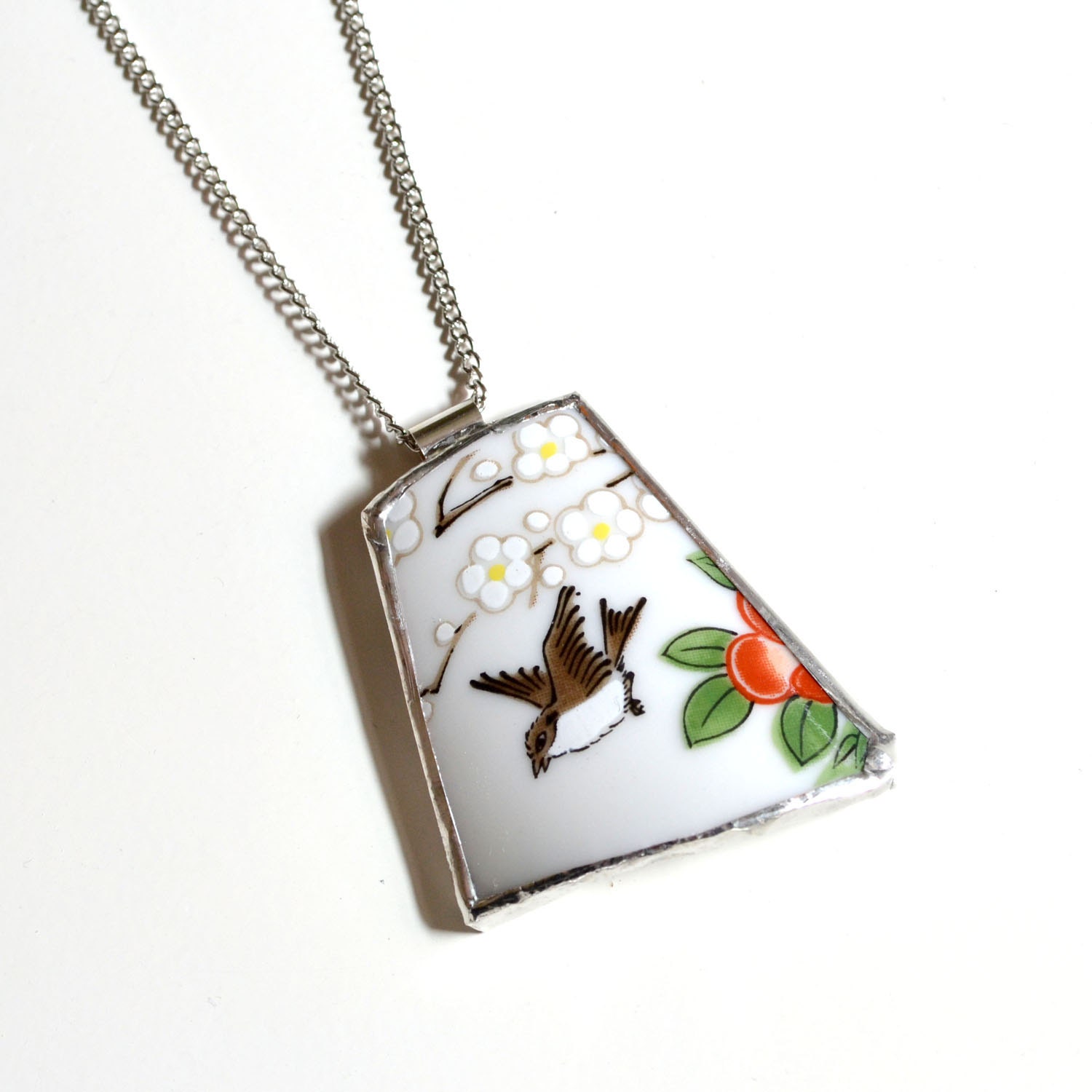 Broken Plate Pendant on Chain - Teapot Bird - Recycled China