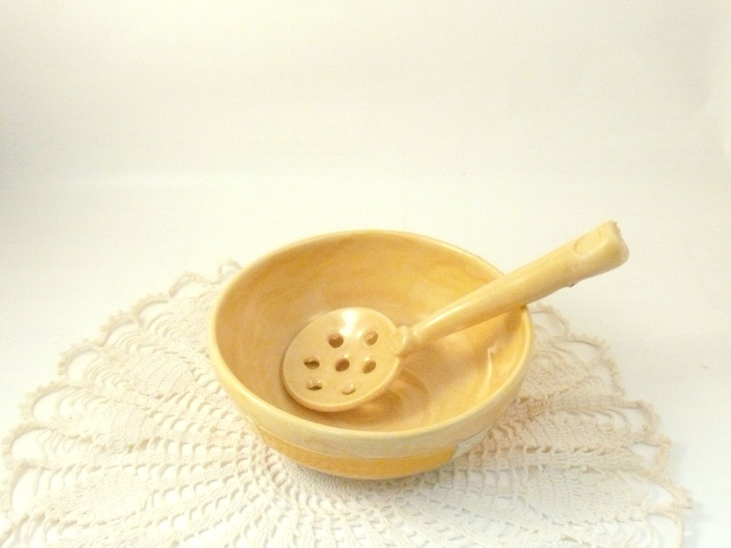 Ceramic bowl and slotted spoon set - food prep bowl and mini colander IN STOCK