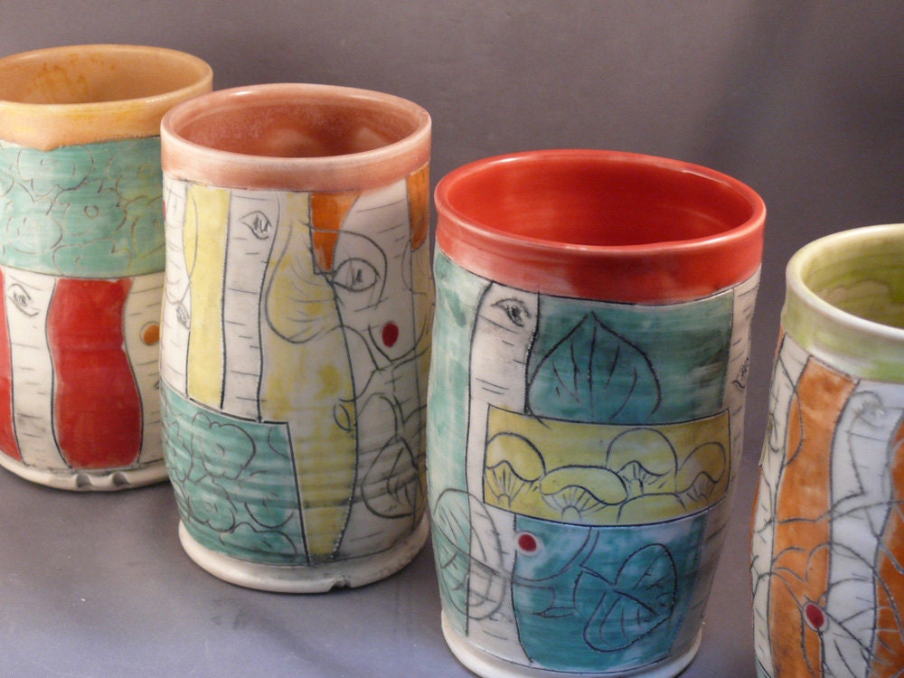 Four Porcelain Tumblers / Ceramic Cups - color blocks , wedding, birthday, new home, anniversary, birthday gift