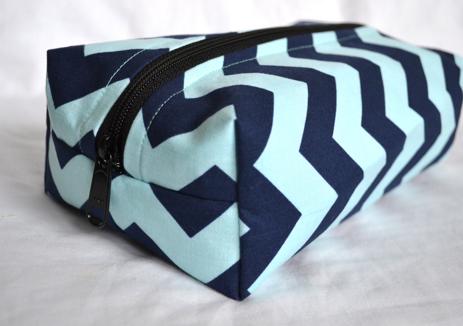 Boxy Cosmetic Zipper Pouch  - Navy and Aqua Chevron