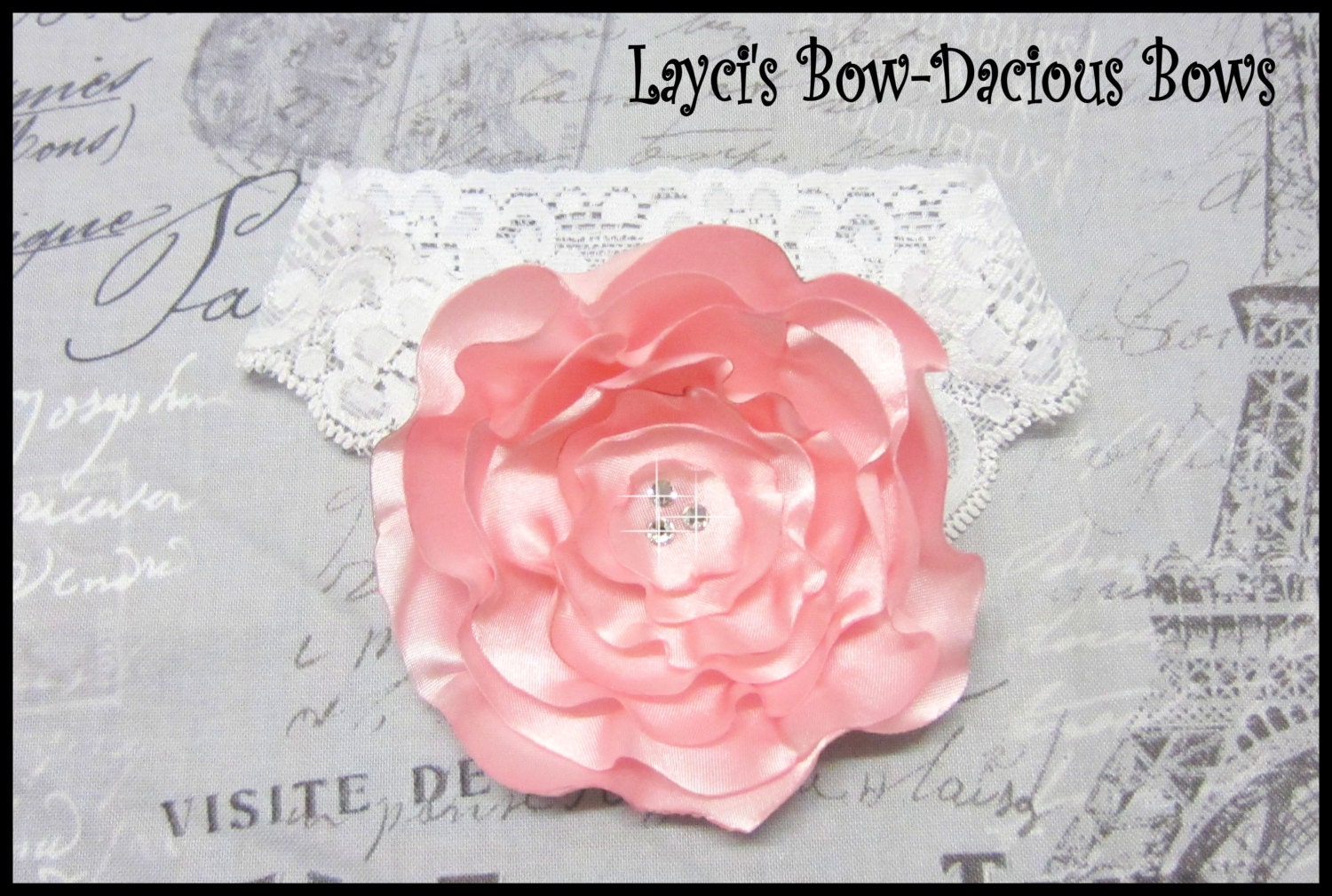 Pink Satin Flower on White Lace Headband, international shipping, wedding, flower girl, bridal, hair accessory