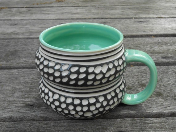 Stylish Porcelain Mug Teacup TURQUOISE black white