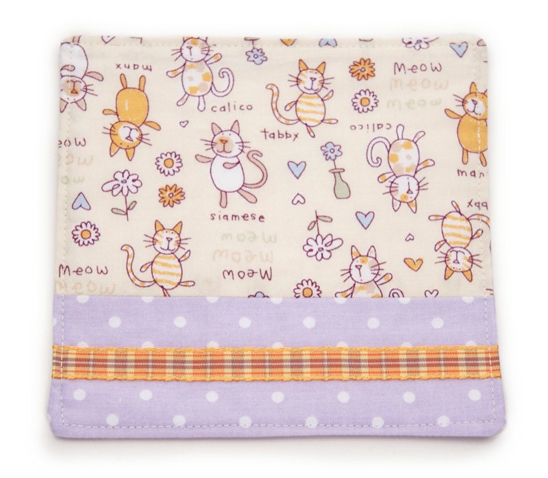 Kitty Cat Drink Coaster, Large Purple Coaster, Polka Dot, Tabby Cat, Manx Cat, Siamese Cat, Handmade Fabric Drink Coaster