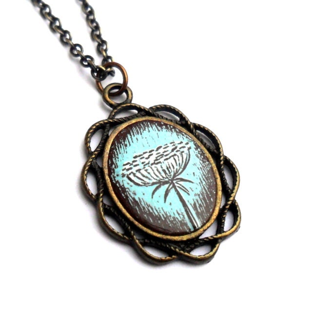 Spring Queen Anne's Lace Brass Filigree Necklace- Pastel Blue and White Flower Pendant - Springtime Daisy Necklace