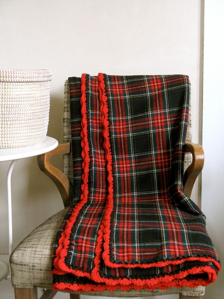 Wool Throw Blanket Stewart Tartan Classic Plaid Red Black Crocheted Edge