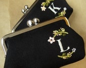 Custom personalized black linen purse with floral embroidery