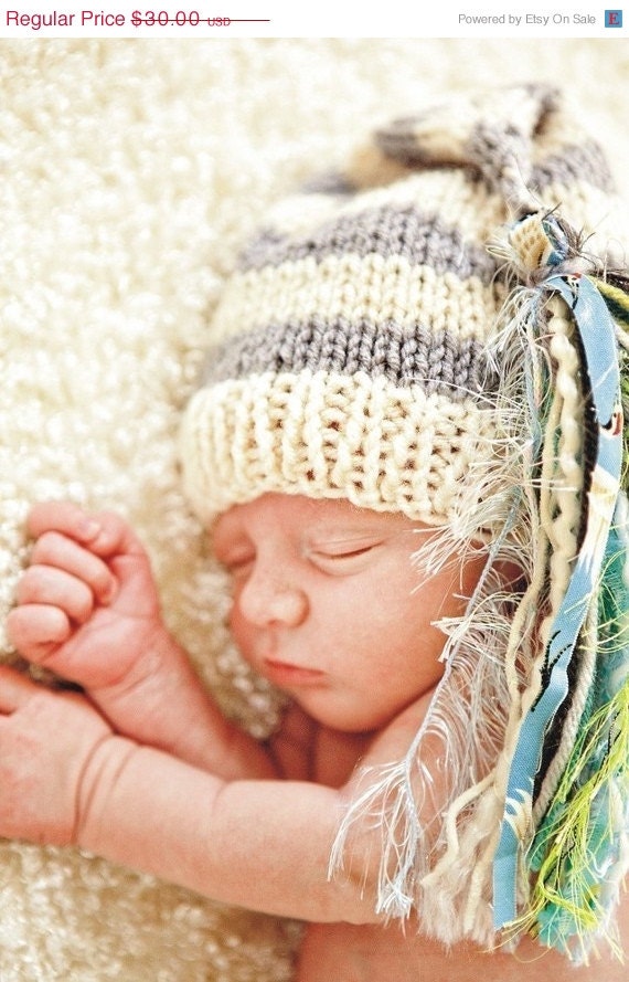 SALE Newborn Boy Girl Baby Hat PHoTO PRoP Super Tassled Chuckles Cap UNiGENDeR Ivory Grey Stripe w Pastel Blue Green Pick Colors Knit to or