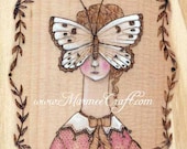 Butterfly and girl Victorian woodburning art print, "In Her Solitude"