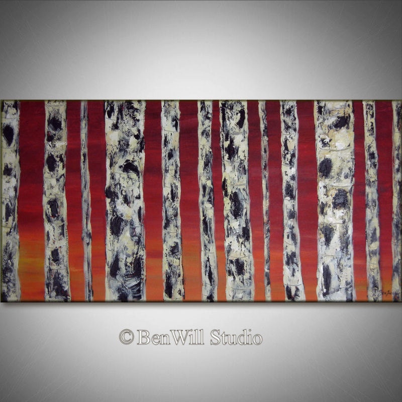 BIRCH Tree Art ORIGINAL Birch Forest Red Yellow Brown White LARGE Oil Painting 48x24 by BenWill