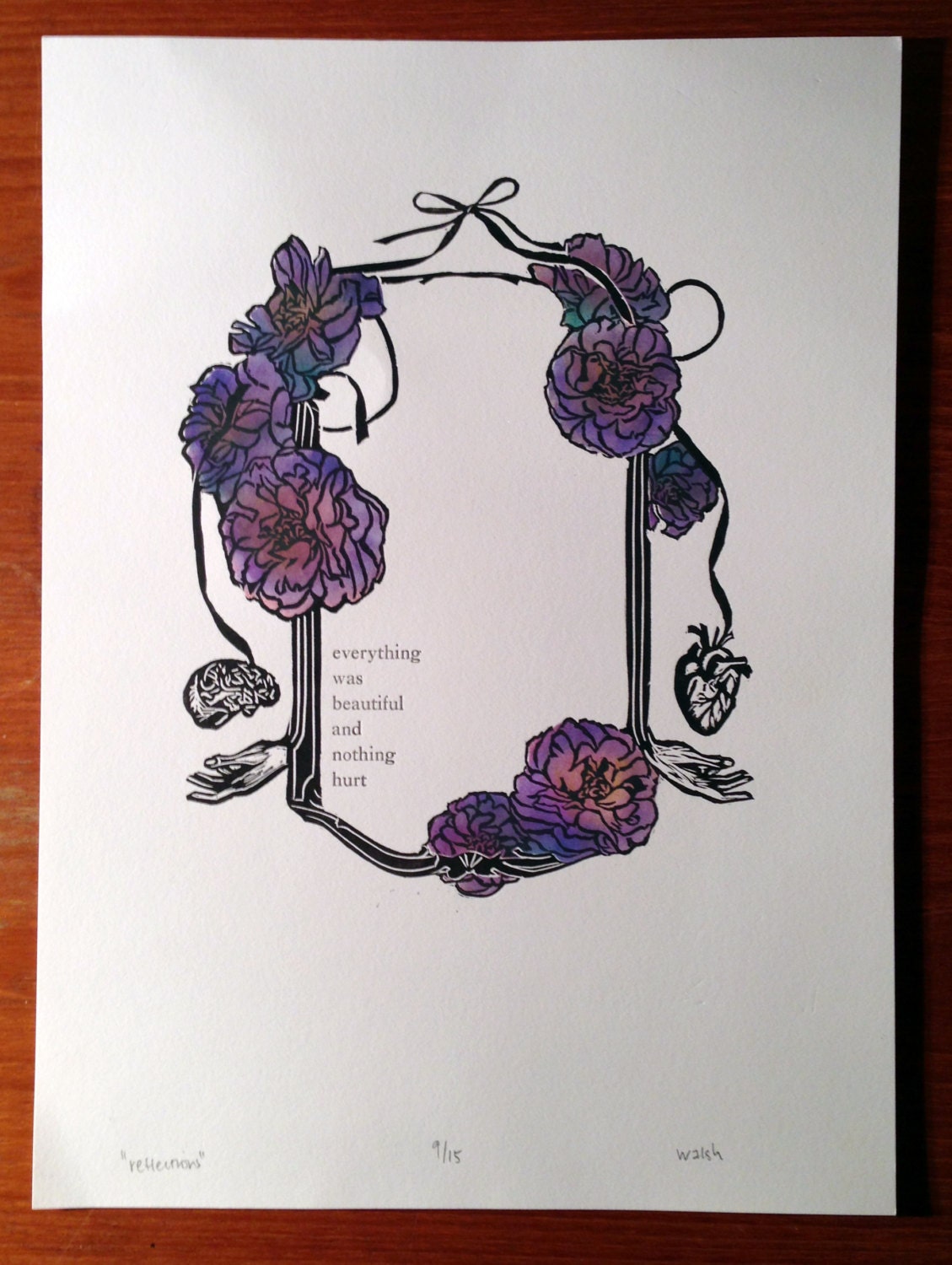Reflections - hand pulled print with letterpress and pochoir coloring