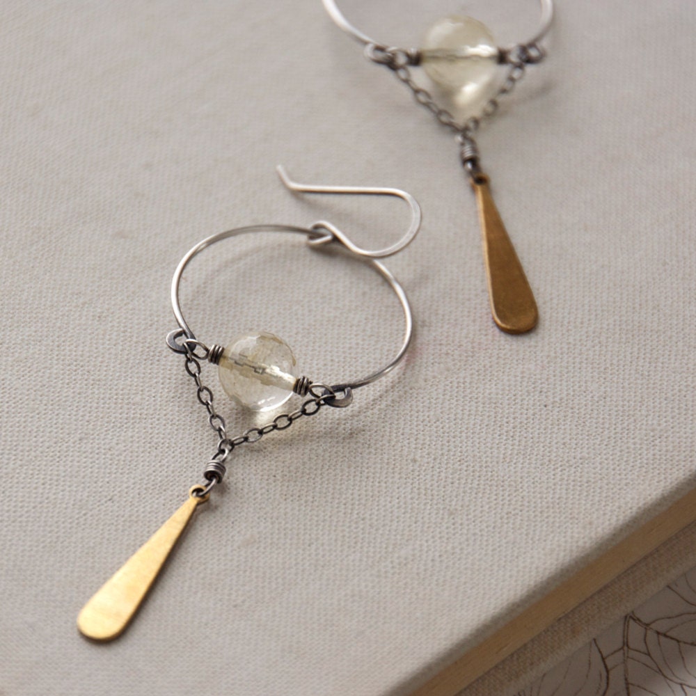Hinged Quartz Brass Drop Earrings- quartz, brass, sterling silver.