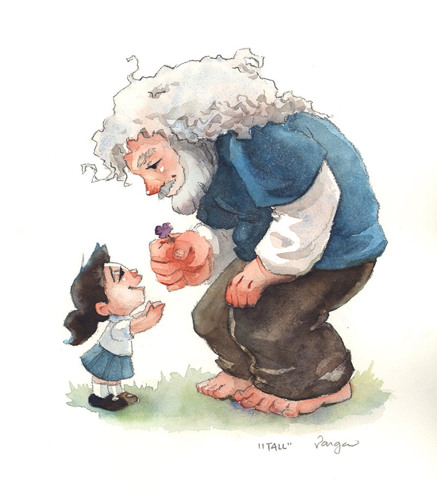 Original Watercolor Illustration, Gentle Giant Offering a Flower 9 x 12 inches, Free mat for easy framing