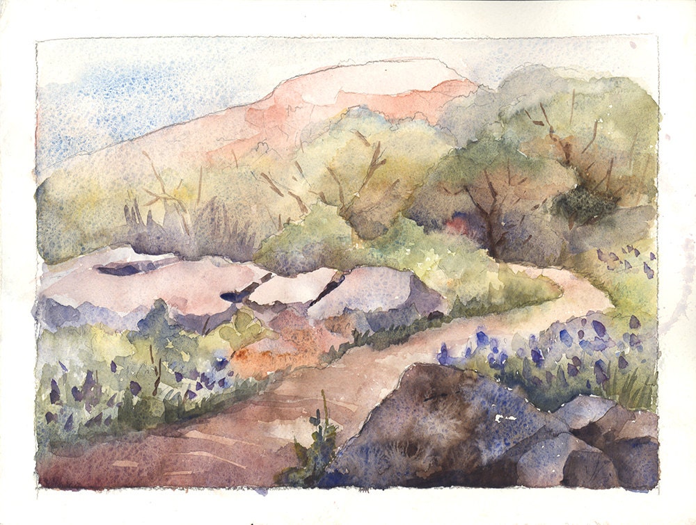 Original Watercolor Painting, Enchanted Rock Path, Fredricksburg Texas, Free Mat, Ready to Frame 9 x 12